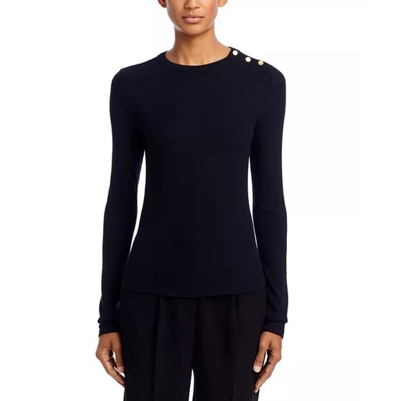 Frame Denim Tops - FRAME Women's Striped Rib‎ Gold Button Crewneck Tee Small Black